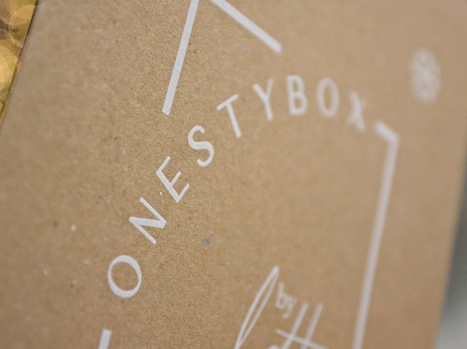 onestybox front cover. A close up photograph of the onestybox logo printed in white on a Kraft paper book cover